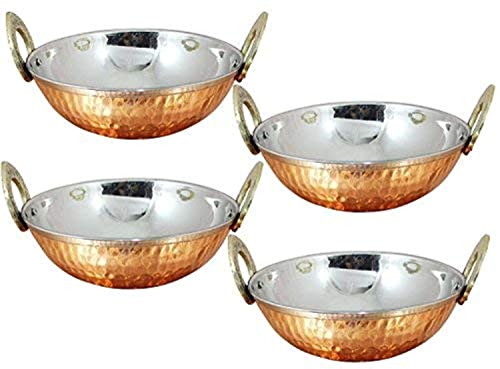 AVS Speichert® Set von 4, reines Kupfer, Edelstahl Schalen mit massivem Messing Griff Serviergeschirr aus Email Karahi, Zubehör, für Pfanne für indische Speisen, Durchmesser 17,5 cm.