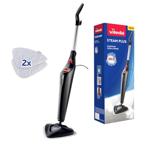 Vileda Steam Plus Dampfreiniger, hygienische Bodenreinigung, entfernt bis zu 99,9% der Bakterien und Viren*, für alle Böden, ideal für Teppiche, Breit, Schwarz