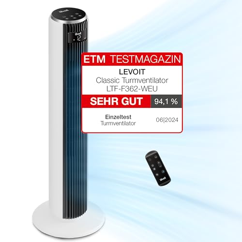 Levoit 20 dB Turmventilator sehr leiser, 7,9 m/s Ventilator mit DC-Motor, 90° oszillierendes Tower Fan mit Fernbedienung für Schlafzimmer, 26W 4 Modi 12 Geschwindigkeiten, 12H Timer, LED-Anzeige, Weiß