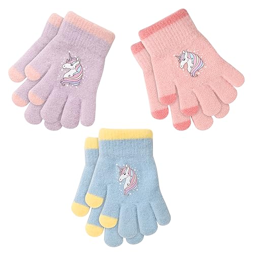QKURT 3 Paar warme Strickhandschuhe für Kinder, bunte Kristallsand-Handschuhe weiche Thermo-Handschuhe Kinder-Vollfinger-Fäustlinge mit neuartigem Einhorn-Muster für Mädchen im Alter von 3–5 Jahren
