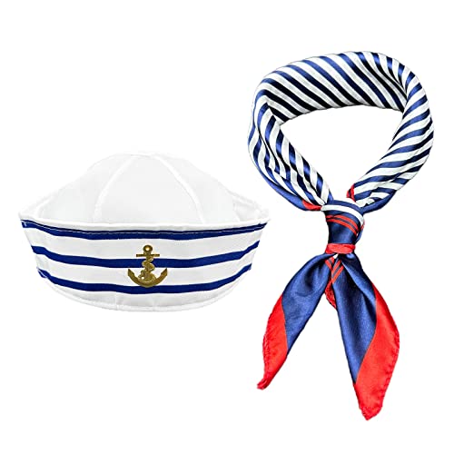 MIVAIUN Matrosenmütze und Schal set Matrosen Set Blau-weiß gestreifte Matrosenmütze und blau gestreiftes Halstuch mit roter Borte Unisex Einheitsgröße für Cosplay Partys Verkleidung Party