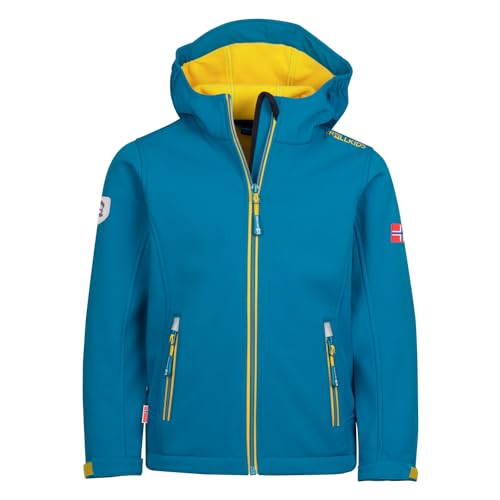 Trollkids Kinder Softshell Jacke Trollfjord, Atlantisblau/Gingergelb, Größe 128