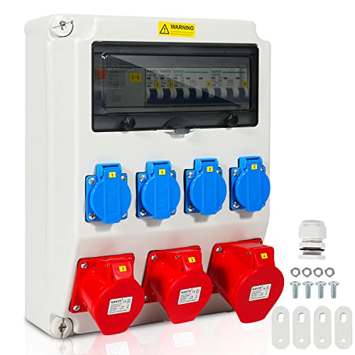 Tubiaz Baustromverteiler 4x230V 2x16A 1x32A 400V CEE, Wandverteiler mit FI Schalter LS Schalter, Cee Verteiler Stromverteiler IP44 für den Einsatz im Freien und auf Baustellen