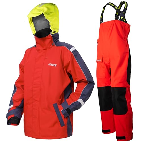 Navis Marine Herren Segeljacken Set – Wasserdicht & Atmungsaktiv – Hochleistungs-Segelbekleidung für Hochsee & Küstengewässer mit Verstellbarer Trägerhose & Sichtbarer Kapuze NS-147(Rot,S)