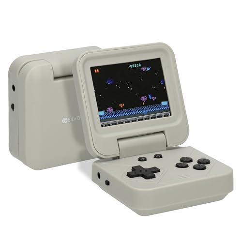 Silvergear® Retro Handheld Spielkonsole Faltbar Grau | 240 Integrierte Retro Spiele | Tragbare Videospielkonsole im Retro Game Console Stil | 2,8 Zoll Farbdisplay für Unterwegs