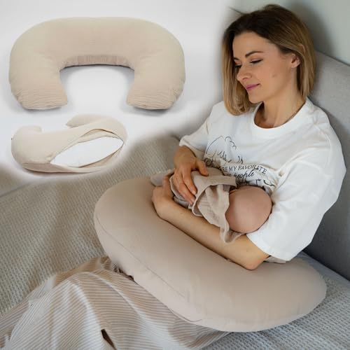 PaLulli® Musselin Stillkissen Stillkissenbezug aus 100% Musselin Baumwolle - Stillkissen für Baby, Stillhörnchen Baby, Stillkissen Atmungsaktiv & Waschbar, Stillkissen (Beige)
