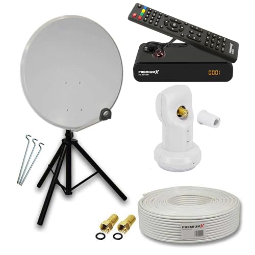 PremiumX Camping Satelliten-Komplettanlage 60cm Antenne Hellgrau SAT Single LNB Dreibein-Stativ TV Kabel Sat-Receiver HDMI-Kabel