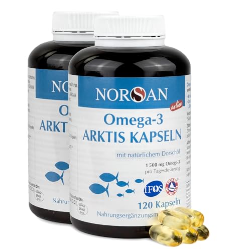 NORSAN Premium Omega-3 Arktis Dorschöl Kapseln 2x120 Kapseln / 1.500 mg Omega-3 pro Portion/Omega-3 Kapseln Kapseln aus nachhaltigem Wildfang