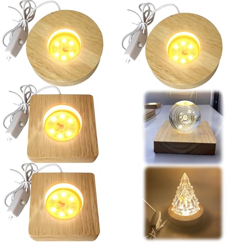 4 Stück Holz LED Lichtsockel, Led Ständer Display-Basis DIY Led Holzsockel Platte für Glasblock Beleuchtete Led-sockel aus Holz mit USB, Led Sockel für Display Kristall Glas Acryl Harz Schmuck