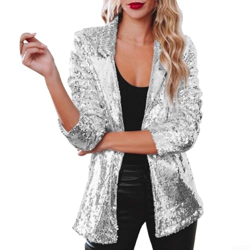 Nightclub Pailletten Blazer Damen Schimmer Glitzer Jacke Mantel Outerwear (XXL Silber)