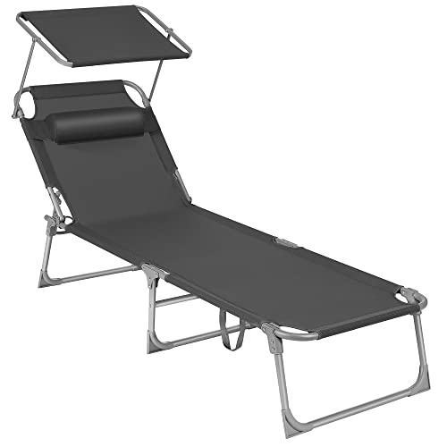 SONGMICS Sonnenliege, klappbarer Liegestuhl, 193 x 53 x 29 cm, trägt bis zu 150 kg, Sonnenschutz, Kopfkissen, verstellbare Rückenlehne, für Garten, Pool, Terrasse, dunkelgrau GCB19UV1