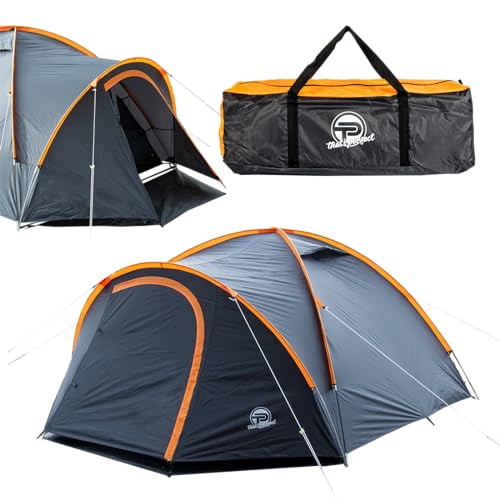 Campingzelt 3-4 Personen (doppelwandig) – leicht, stabil, wasserdicht | verdunkelter Innenraum, Moskitonetz, Fluoreszierende Abspannleine, verstärkte Heringe, Vorraum mit Bodenplane inkl. Tragetasche