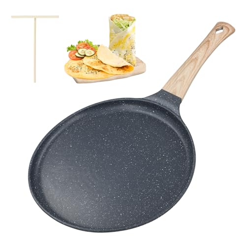 Vusddy Crepe Pfanne Induktion, 24cm Palatschinken Pfanne mit Teigverteiler, Pfannkuchenpfanne mit echten Steinpartikeln Antihaft-beschichtung, PFOA-Frei, Holzgriff, für alle Herdarten