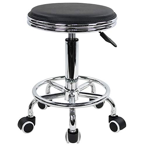 KKTONER Rollhocker höhenverstellbar, Drehhocker mit Fußstütze, Modern Industrial Metal Style, aus PU Leder schwarz