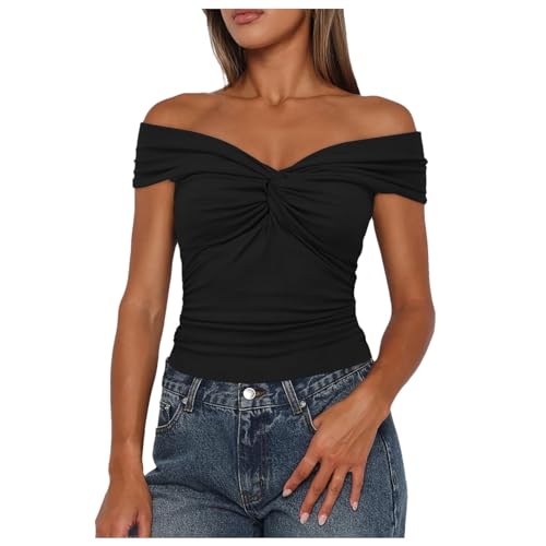 Generisch 2025 Damen Sommer Tank Tops mit Knoten vorne, schulterfrei, Flügelärmeln, schmal geschnittene Hemden Chiffon Blumen (Black, M)