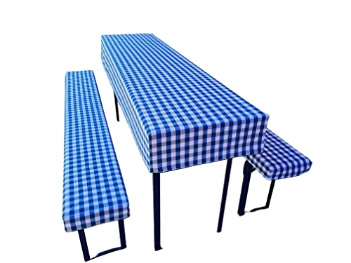 Bierzeltgarnitur Auflage (3er Set) aus 1x Tischdecke und 2X Bierbankhussen. Größe und Farben wählbar. (220 x 50 cm, Blau kariert)