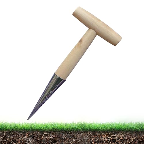 LUMOOM Blumenzwiebel Pflanzholz Werkzeuge, Blumenzwiebelpflanzer, mit Kalibrierung und Holzgriff Traditionelle Gartengeräte, Aussaat-Samenspender für die Gartenbepflanzung