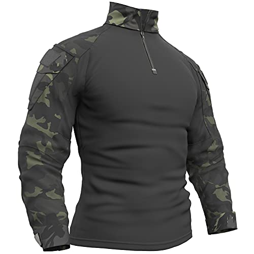 Memoryee Herren Military Tactical Army Combat Langarmhemd Slim Fit T-Shirt mit 1/4 Reißverschluss und Taschen/Dark Night/L