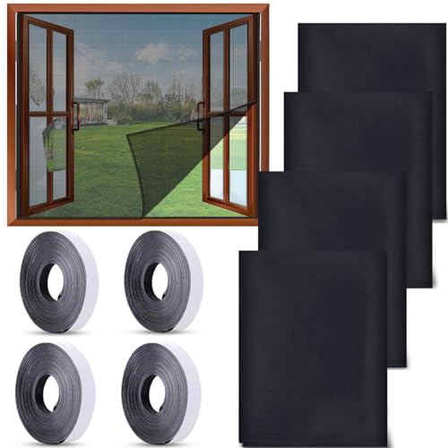 4 Stück Moskitonetze für Fenster, 130 * 150cm Fliegengitter Fenster, Insektenschutz Fenstergaze, Fliegen Netz, mit 4 Rollen Selbstklebeband, Fliegengitter Mesh Zuschneidbar für Fenster (Schwarz-4)