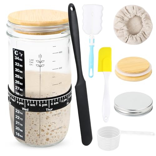 Sauerteig Starter Set, 700ml Sourdough-Gärglas mit Holzabdeckung, Edelstahlabdeckung, Stoffkappe, Positionierband, Temperaturaufkleber, Messlöffel, schwarzer Abstreifer, gelbes Mischmesser, Schwammbür