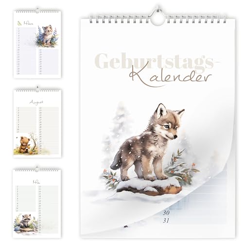Geburtstagskalender undatiert Geburtstagsplaner Wandkalender A5 immerwährend Jahresunabhängig Kalender Geburtstagsübersicht zum Aufhängen Tier Design in zartem Aquarell Waldtieren Tiere