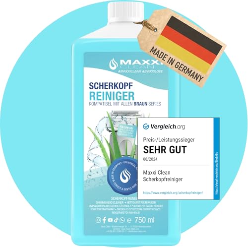Maxxi Clean | 750 ml Nachfüllflüssigkeit Scherkopfreiniger für Reinigungskartusche | Rasierer Reinigungsflüssigkeit kompatibel mit Braun Reinigungsstation | Reinigungsspray mit Aloe Vera Duft
