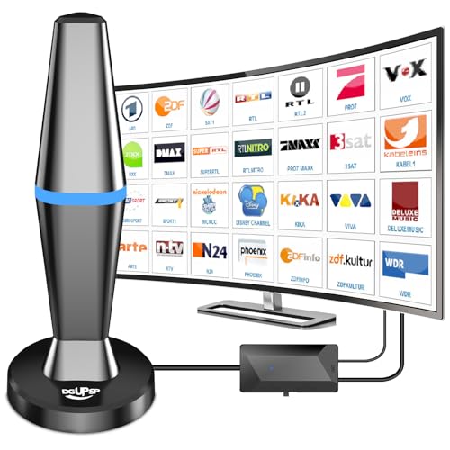 DVBT2 Antenne, zimmerantenne DVB-T & DVB-T2 Antennen mit Verstärker, Großer Reichweite und 360° Empfang, Zimmerantenne für Fernseher mit Starkem Magnetfuß, Geeignet für 4K 1080p & Alle TV-Geräte