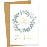 JOYEASE Premium Hochzeitskarte mit Umschlag aus Kraftpapier - Karte Hochzeit mit goldener Heißfolienprägung - Glückwunschkarte zur Hochzeit Wedding Herz Eukalyptus