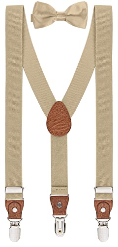 BomGuard 3 Clips Kinder Hosenträger Fliege Set Kleinkind Junge Mädchen,beige champagner-metallic