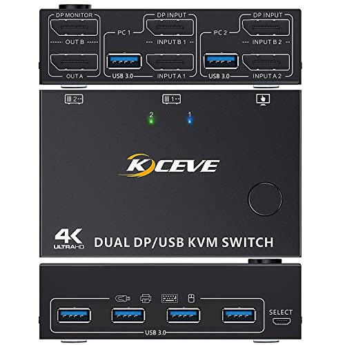 DP KVM Switch 2 Computer 2 Monitore, KCEVE Zwei Monitore Displayport USB 3.0 KVM Umschalter für zwei Monitore, Unterstützt 4K@60Hz für 2 Computer, Offizieller Shop