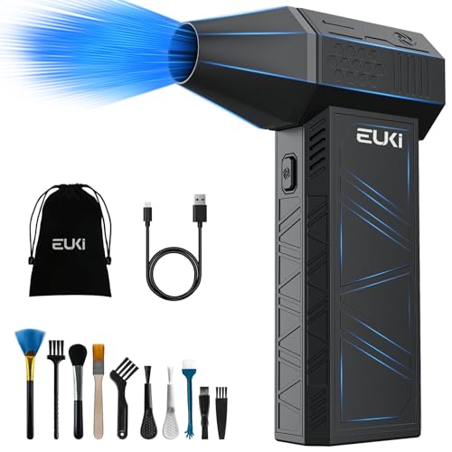 EUKI Elektrische Staubgebläse Luftdruckspray, 3-Gang 150000 U/min, Druckluft Compressed Air Duster mit 6000mAh Akku, Reinigungsbürste und USB Schnellladung, für PC Reinigungsset, Auto, Sofa