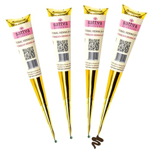 Sattva Ayurveda Natürliche Braune Henna Farbe - Kupferbraun- Perfekt für Henna Braune Designs & Sommersprossen-Effekt - ohne Ammoniak, PPD - 4 x 30 g Kegel