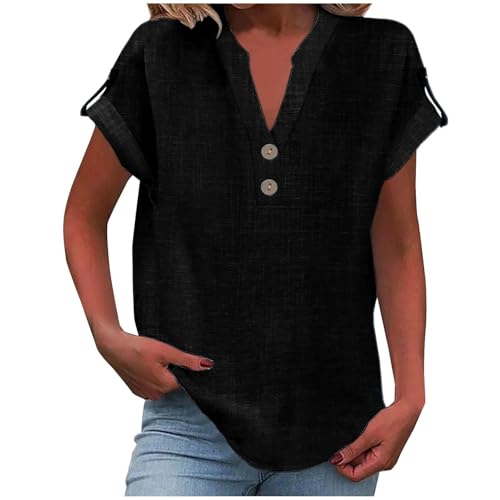 Stilvolle V-Ausschnitt Bluse Damen - Oversize Design Mit Knopfdetails Damen Sommer Schwarz M