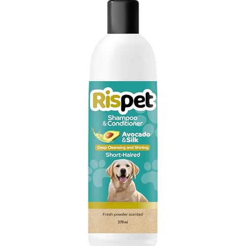 RISPET Shampoo und Spülung, Avocado und Seide, Wasch- und Desinfektionsmittel für Hunde und kurzhaarige Tiere, Zarte Formel ohne Allergene und ausgeglichener pH-Wert, Talkum-Duft, 370 ml