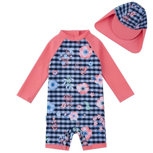 upandfast Baby Mädchen Badeanzug UPF 50+ Kleinkind Einteiliger Swimwear mit Sonnenhut (Blau Blume, 24-36 Monate)