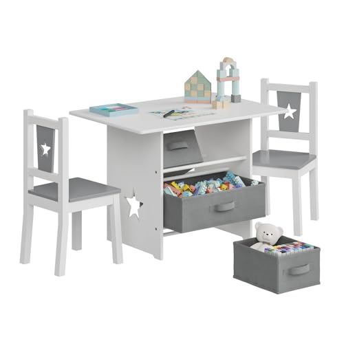 WOLTU Kindersitzgruppe, 1 Kindertisch und 2 Stühle, Kindertisch mit Stauraum, Kindermöbel Set aus Holz, mit 3 Aufbewahrungskörben, Sitzgruppe für Kinder, Grau + Weiß