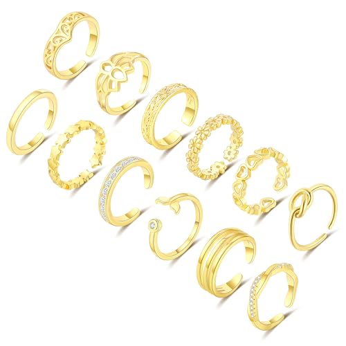 RLMOON 12 Stück Gold Zehenring für Damen 14K Vergoldete Verstellbare Offene Zehenband Ringe Delfin Blume Herz Zirkonia Zehenringe Sommer Maritim Strand Zehenringe for Frauen Mädchen Fußschmuck