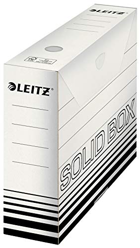 Leitz Solid Box Archiv-Schachtel, 80 mm Rückenbreite, A4 Faltkarton mit Lasche, Aufbewahrungsboxen für bis zu 700 Blatt, Lagerbox aus 100% geriffelten Recyclingkarton,10 Stück,Weiß/Schwarz,61270001