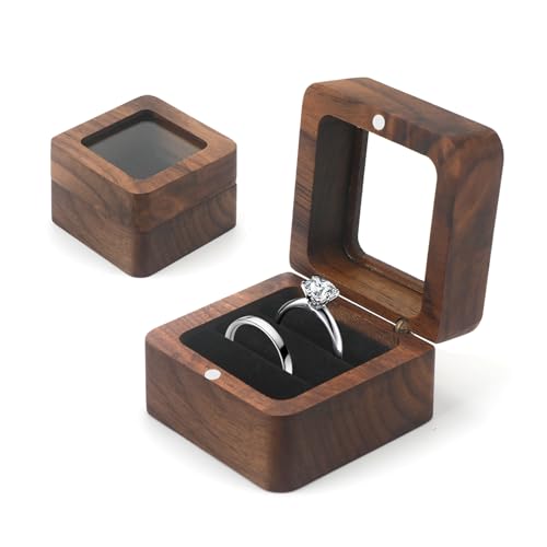 Ringbox, Ringbox Hochzeit, Ringschatulle, Ringbox Holz, Quadratische Ring Box aus Walnuss mit Transparentem Sichtfenster und Schwarzer Samt Verkleidung - Ringschatulle, Ringbox Zwei Ringe, Verlobung