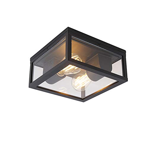 Qazqa - Design Industrie I Vintage I Außen Deckenleuchte I Deckenlampe I Lampe I Leuchte schwarz IP44 - Charlois I Außenbeleuchtung - Aluminium Quadratisch - LED geeignet E27