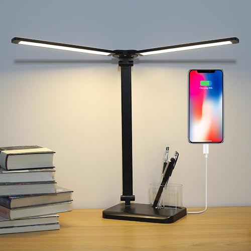 iVict Dual Swing Arm LED Schreibtischlampe, 5-Modi Touch Control Helligkeitsstufen Schreibtischlicht mit 45-Minuten Auto-Off Timer, USB-Ladeanschluss, Speicherfunktion, Schreibtischlampen für Kinder