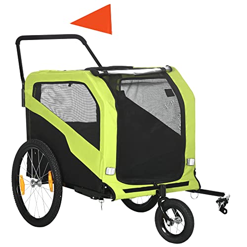 PawHut 2-in-1 Hundeanhänger, Fahrradanhänger für Hunde, Hundewagen mit Reflektoren, Hundebuggy max. 30 kg, Hundefahrradanhänger für Große Hunde, Oxford-Gewebe, Grün