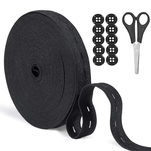 Nadisean 16M Schwarz Gummiband mit Knopfösen, 20mm Flaches Nähband Gummiband mit Knopfloch, Knopflochgummiband Elastisches Stark，Lochgummi mit 12 Stück Knöpfe für Nähen, Stricken, Taillenbändern