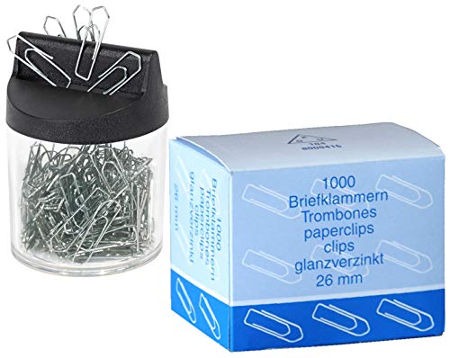 WEDO 2705154 Klammernspender (mit Magnet rund gefüllt, 125 Büroklammern) Silber/transparent (1 Spender + 1000 Klammern extra)
