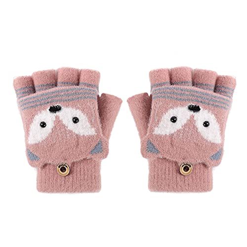 Fäustlinge mit Knopf Klappe Fingerlose Handschuhe für Kinder Kleinkinder Winter Warm Strickhandschuhe Plüschfutter Winterhandschuhe Herbst und Winter Fingerhandschuh Unisex (Fuchs-Pink)