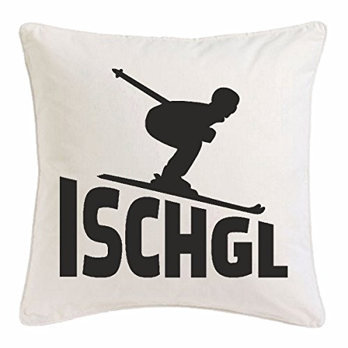 Reifen-Markt Kissenbezug 40x40cm ISCHGL - SKI Ort - SKI Abfahrt - SKILIFT - Skifahrer aus Mikrofaser in Weiß