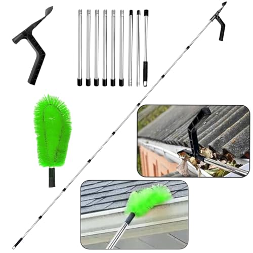 Dachrinnenreinigungswerkzeuge mit Dachrinnenbürste und Reinigungslöffel Schaufel 2 in 1 Dachrinnenreiniger 350CM Teleskop Tachrinnenreiniger Werkzeug für Reinigen Dachrinnen Blättern Schmutz