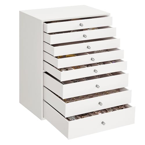 SONGMICS Schmuckkästchen, 8 Ebenen, Schmuckkasten mit Schubladen, Schmuckaufbewahrung geräumig, Schmuckschatulle modern, Geschenkidee, wolkenweiß JBC008W01, Weiß