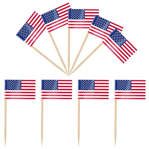 iLamvie 100 Stück USA Zahnstocher Holz,USA Flagge Cocktail Stick,USA Party Spieße Fingerfood,Zahnstocher mit USA Fähnchen für Cake Obst,Cocktail Party Pub Deko