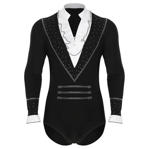 inlzdz Herren Latein Standard Tanzbody Hemdbody Langarm Hemd Oberteil Bodysuit mit Rüschen Jazz Cha-Cha Ballsaal Tanz Kostüm Schwarz XL